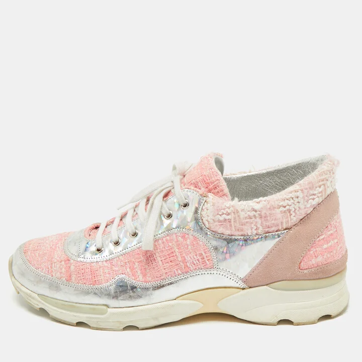 Chanel Pink/Silver Tweed and Holographic Leather Lace Up Sneakers Size 40