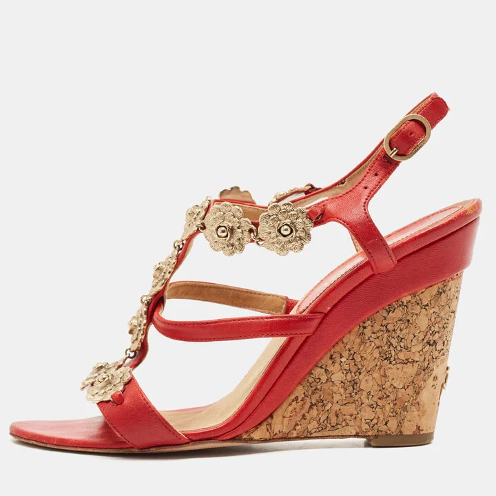 Chanel Red Leather Floral Metal CC Cork Wedge Sandals Size 38