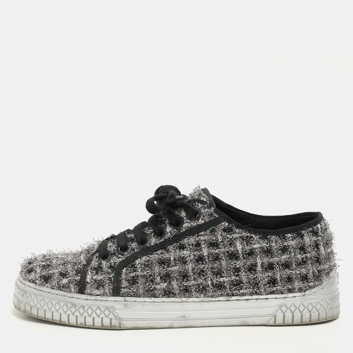 Chanel Silver/Black Lurex Fabric CC Low Top Sneakers Size 37