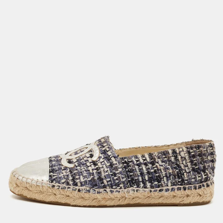 Chanel Silver/Blue Leather And Tweed CC Cap Toe Espadrille Flats Size 38