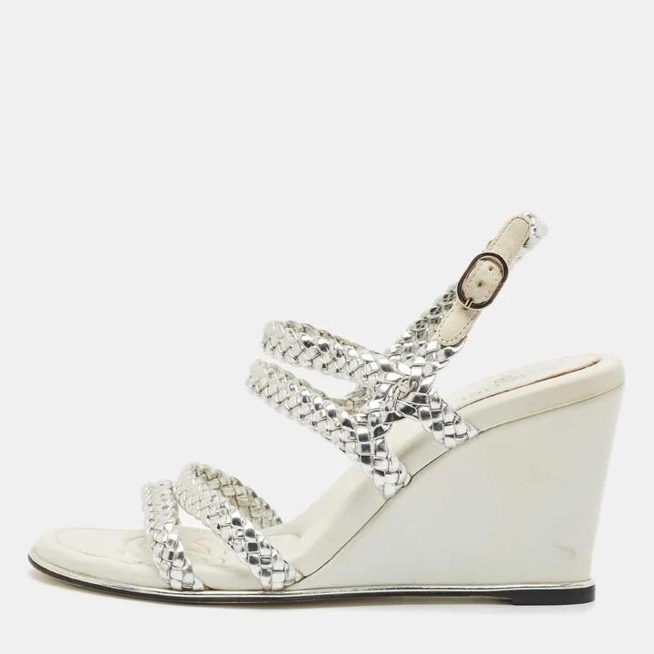 Chanel Silver Woven Leather Ankle Strap Wedge Sandals Size 36.5