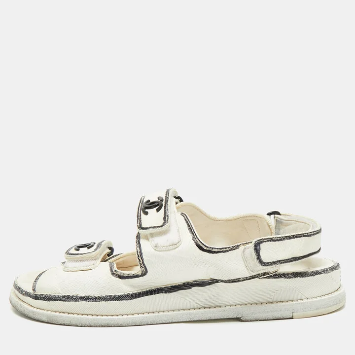 Chanel White/Black Leather Dad Slingback Flat Sandals Size 39