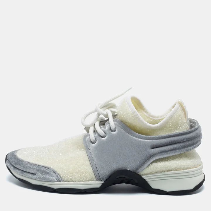 Chanel White/Grey Stretch Fabric and Corduroy CC Sneakers Size 40.5