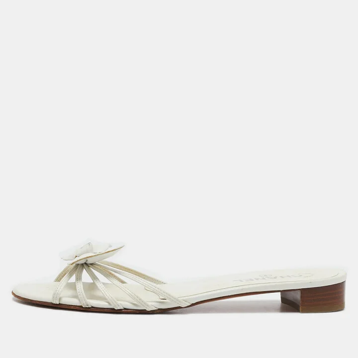 Chanel White Leather Bow Slide Sandals Size 39.5