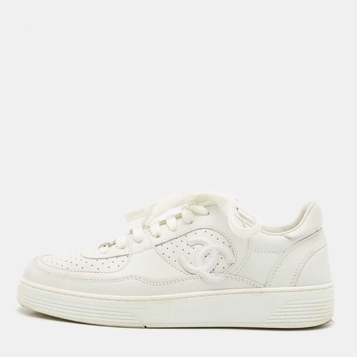 Chanel White Leather CC Low Top Sneakers Size 36.5