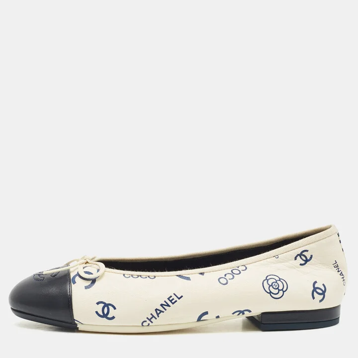 Chanel White/Navy Blue Leather CC Cap Toe Ballet Flats Size 38