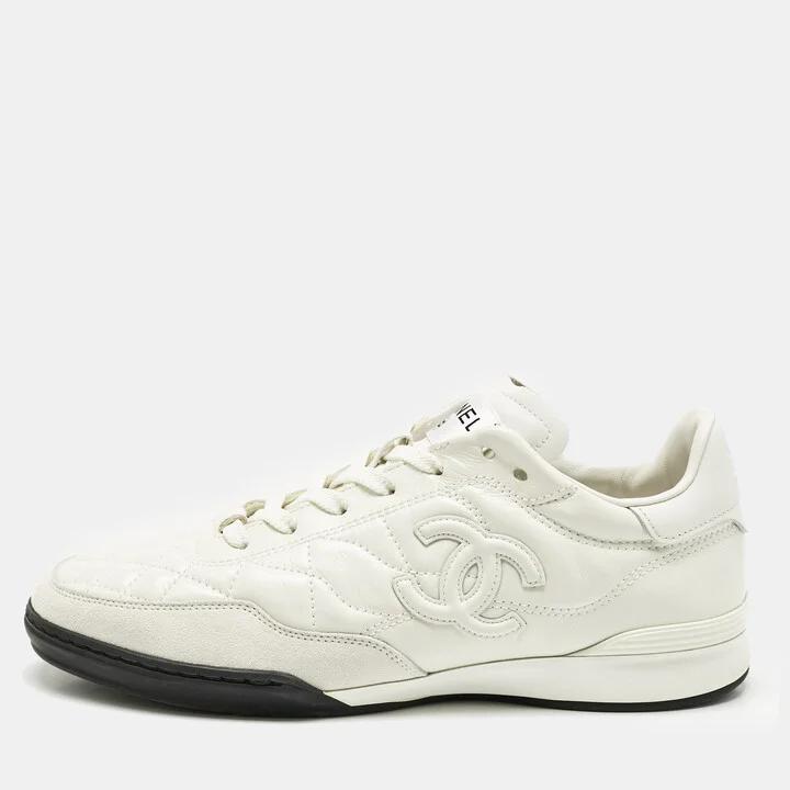 Chanel White Quilted Nylon and Leather CC Low Top Sneaker Size 38