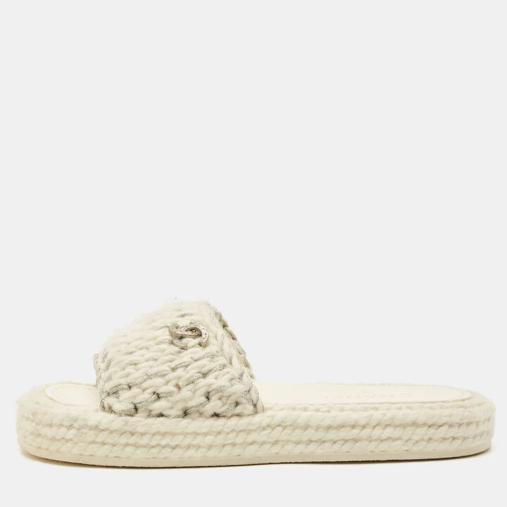 Chanel White/Silver Braided Knit CC Espadrille Flat Slides Size 39