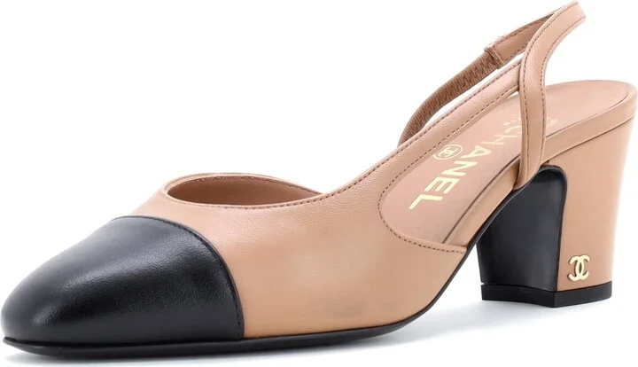 CHANEL Womenâs Cap Toe Slingback Pumps Leather