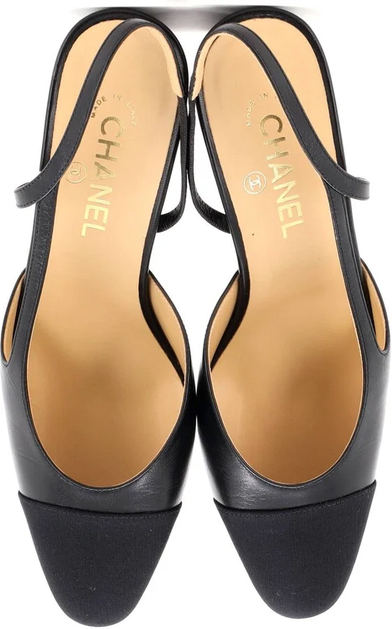 CHANEL Womenâs Cap Toe Slingback Pumps Leather with Grosgrain - Image 2