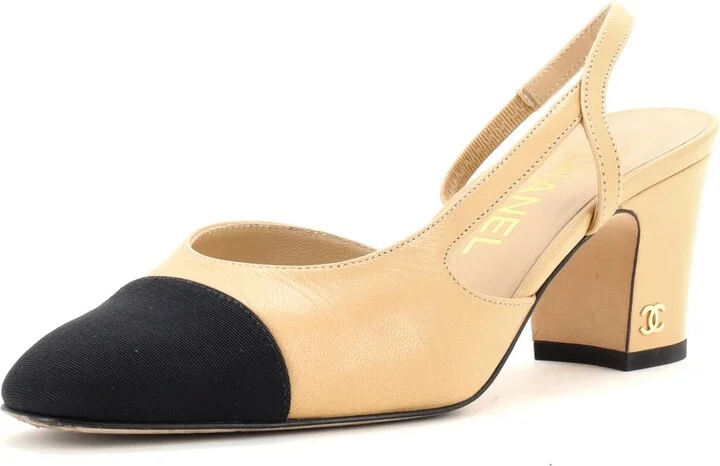 CHANEL Womenâs Cap Toe Slingback Pumps Leather with Grosgrain