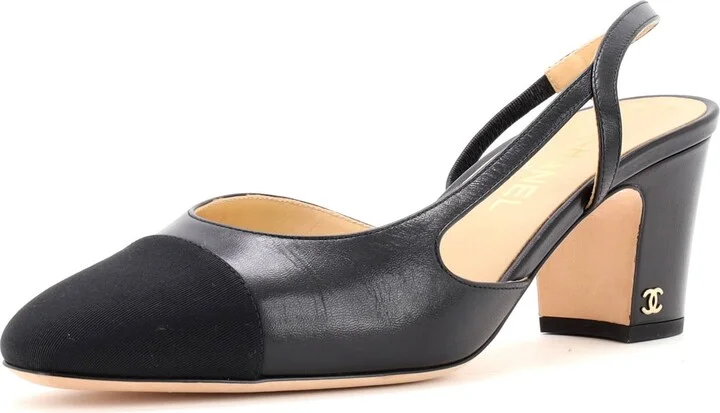 CHANEL Womenâs Cap Toe Slingback Pumps Leather with Grosgrain