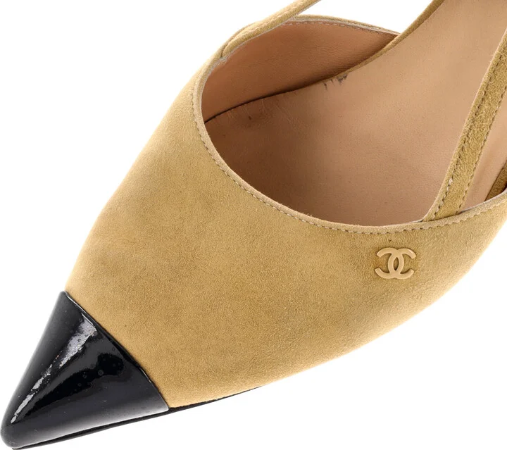 CHANEL Womenâs Pointed Cap Toe Slingback Kitten Heels Suede with Patent - Image 5