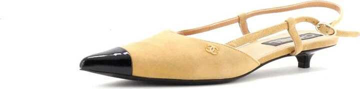 CHANEL Womenâs Pointed Cap Toe Slingback Kitten Heels Suede with Patent