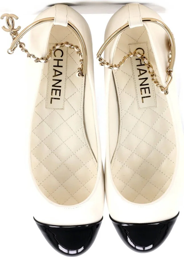 CHANEL Women's Cap Toe Ankle Chain Ballerina Flats Leather - Image 2