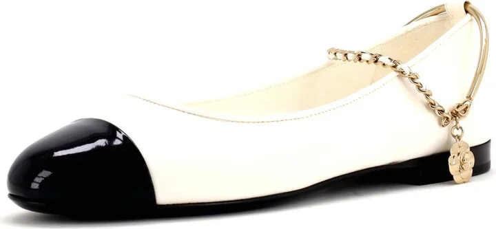 CHANEL Women's Cap Toe Ankle Chain Ballerina Flats Leather