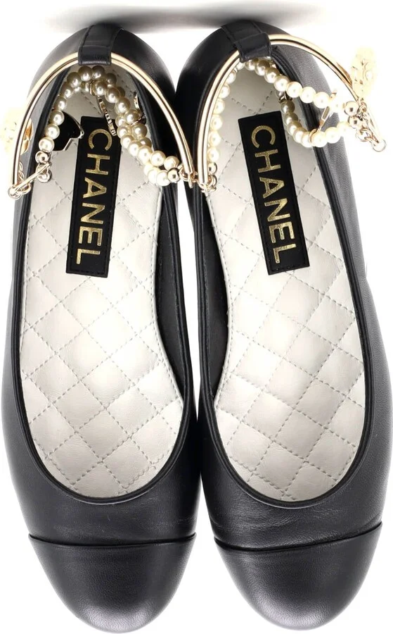 CHANEL Women's Cap Toe Ankle Chain Ballerina Flats Leather with Faux Pearls - Image 2
