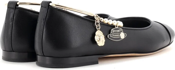 CHANEL Women's Cap Toe Ankle Chain Ballerina Flats Leather with Faux Pearls - Image 3