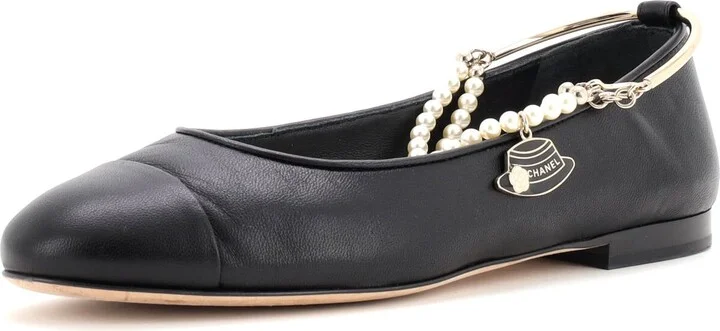 CHANEL Women's Cap Toe Ankle Chain Ballerina Flats Leather with Faux Pearls