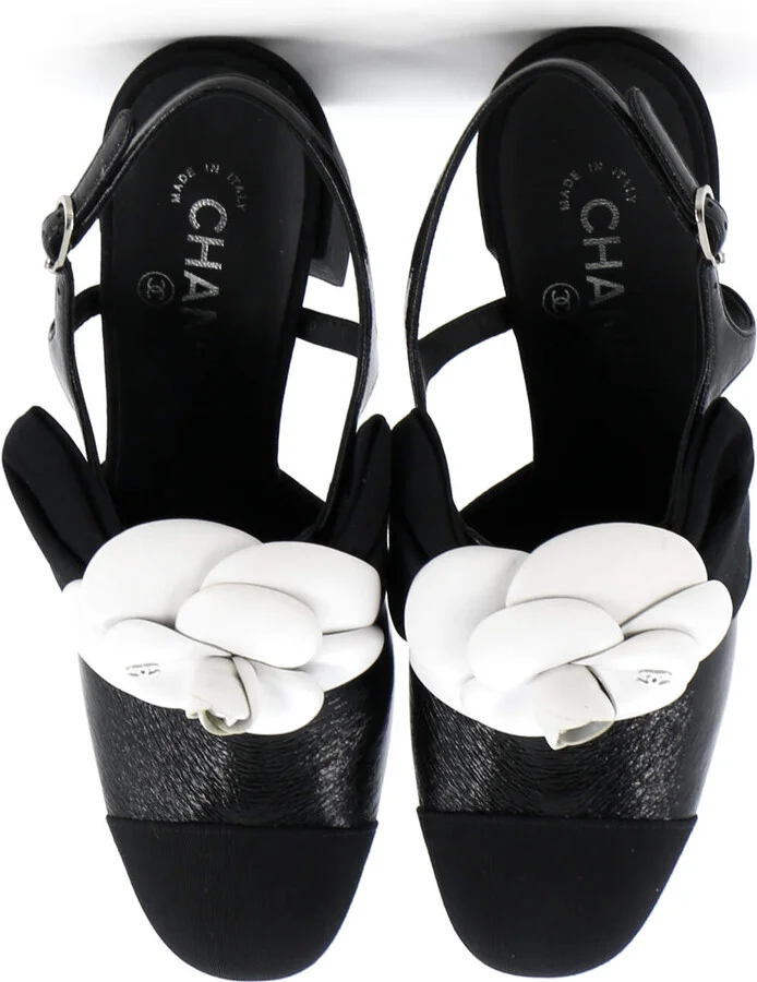 CHANEL Women's Cap Toe Camellia Bow Slingback Pumps Crumpled Shiny Fabric with Grosgrain - Image 2