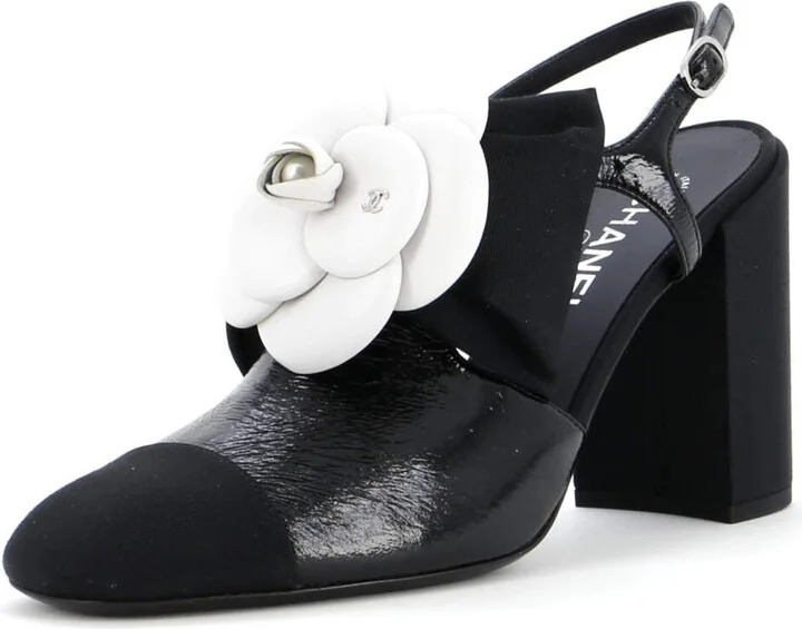CHANEL Women's Cap Toe Camellia Bow Slingback Pumps Crumpled Shiny Fabric with Grosgrain
