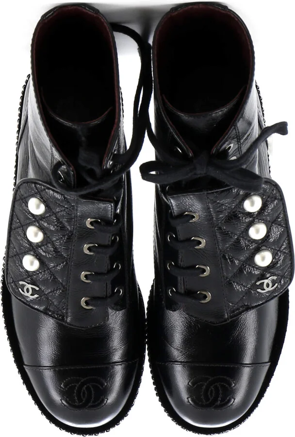 CHANEL Women's Cap Toe CC Chain Around Pearl Combat Boots Leather - Image 2