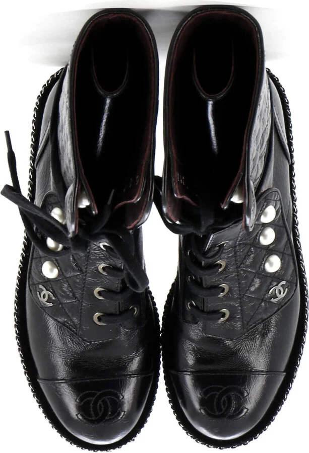 CHANEL Women's Cap Toe CC Chain Around Pearl Combat Boots Leather - Image 2