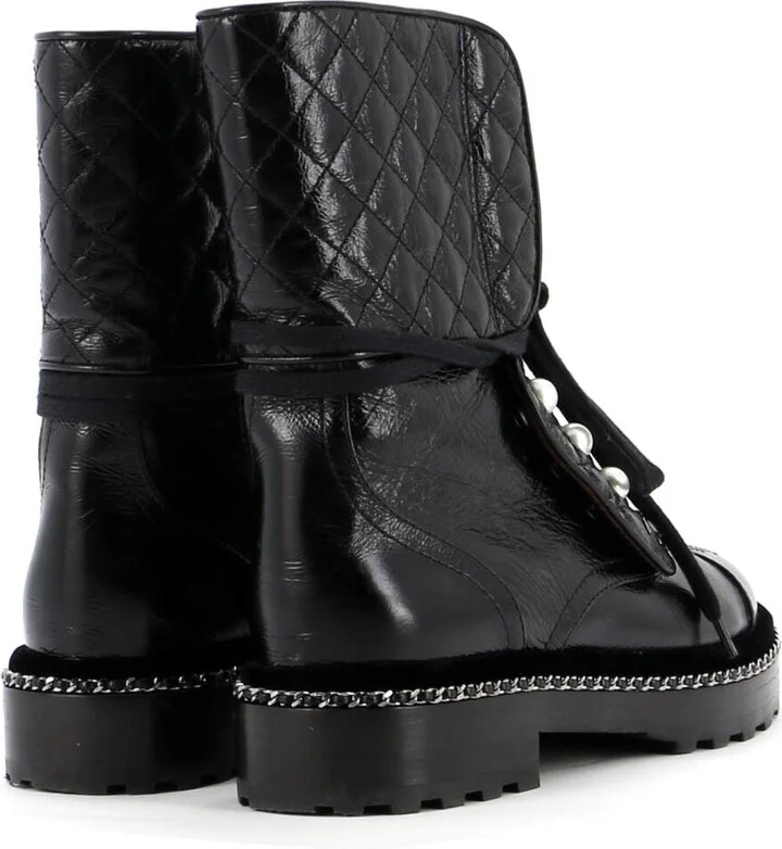 CHANEL Women's Cap Toe CC Chain Around Pearl Combat Boots Leather - Image 3