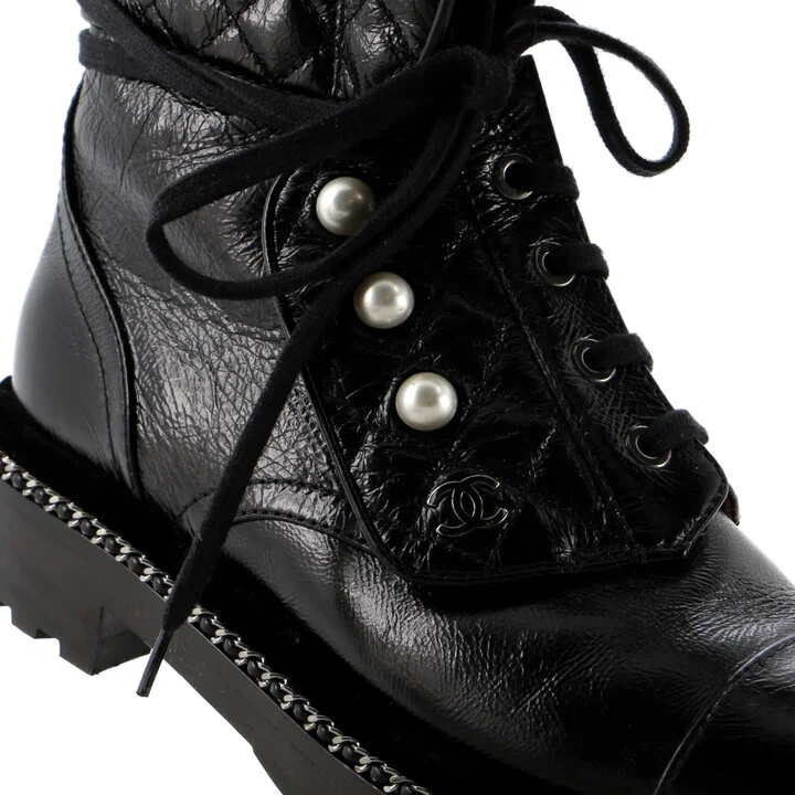 CHANEL Women's Cap Toe CC Chain Around Pearl Combat Boots Leather - Image 5