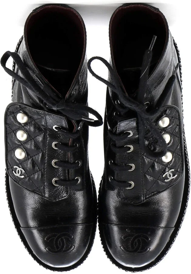 CHANEL Women's Cap Toe CC Chain Around Pearl Combat Boots Leather - Image 2