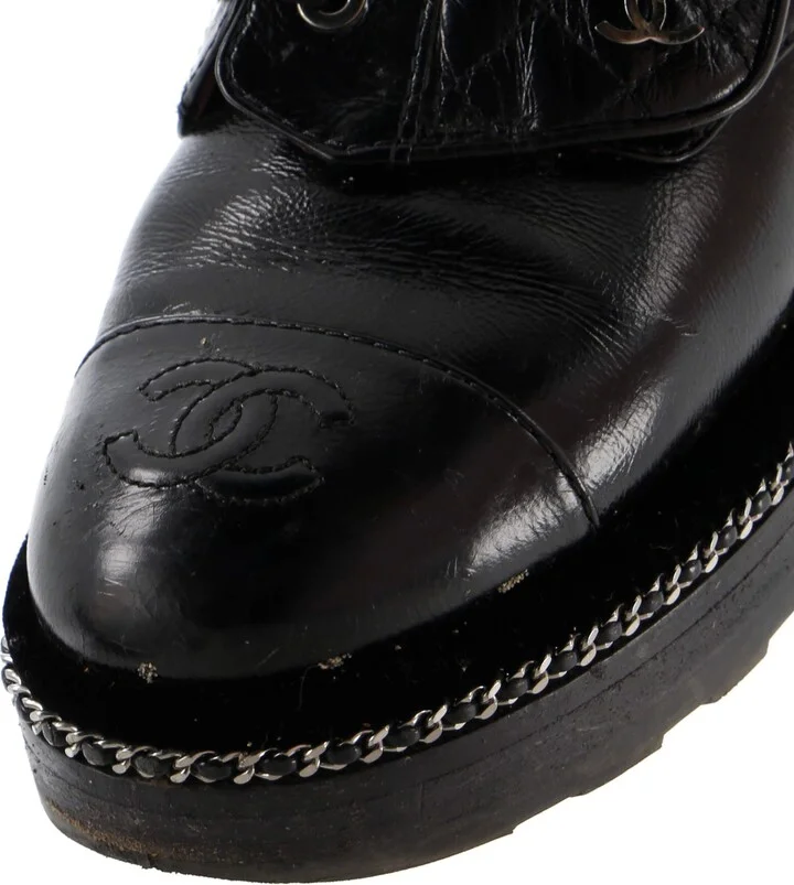 CHANEL Women's Cap Toe CC Chain Around Pearl Combat Boots Leather - Image 5