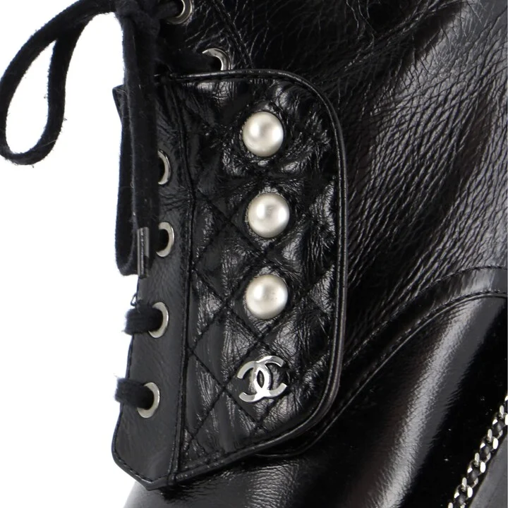 CHANEL Women's Cap Toe CC Chain Around Pearl Combat Boots Leather - Image 6