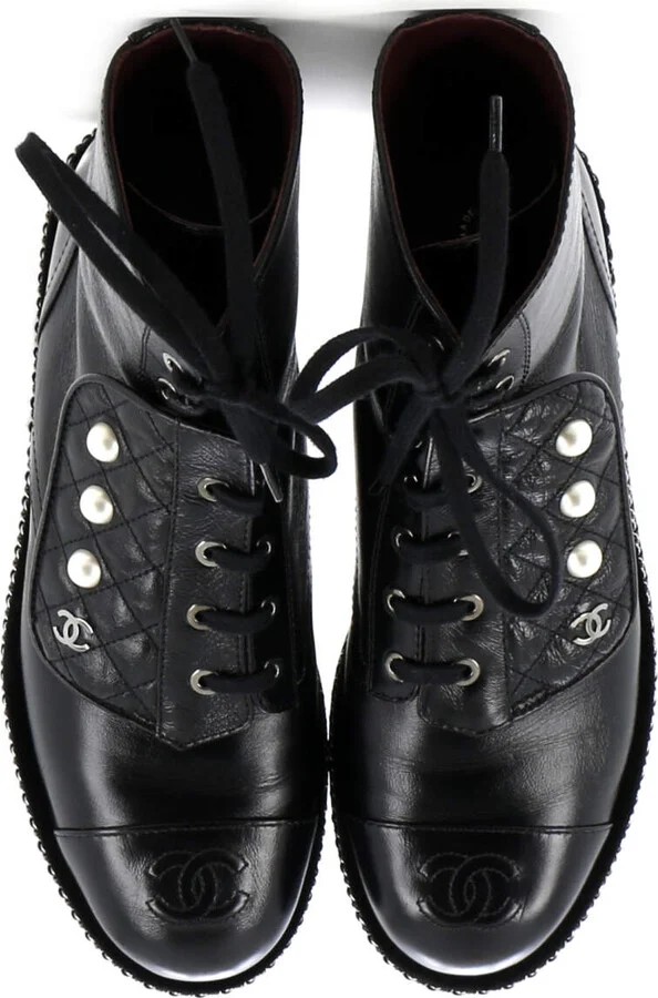 CHANEL Women's Cap Toe CC Chain Around Pearl Combat Boots Leather - Image 2