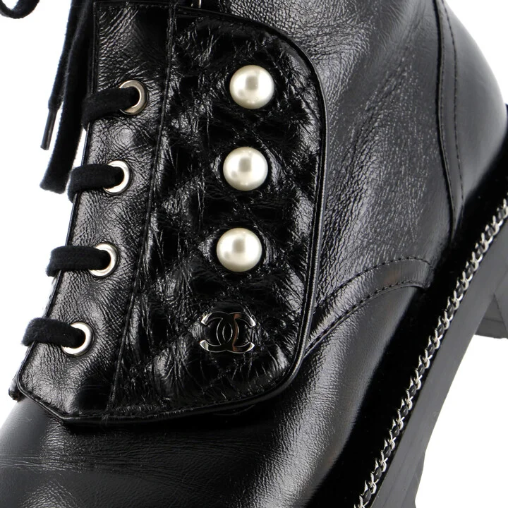 CHANEL Women's Cap Toe CC Chain Around Pearl Combat Boots Leather - Image 5