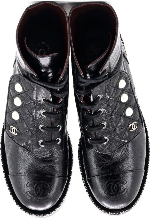 CHANEL Women's Cap Toe CC Chain Around Pearl Combat Boots Leather - Image 2
