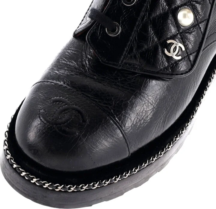 CHANEL Women's Cap Toe CC Chain Around Pearl Combat Boots Leather - Image 5