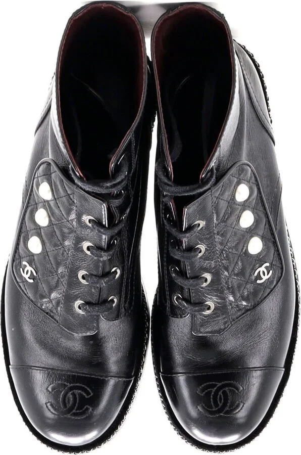 CHANEL Women's Cap Toe CC Chain Around Pearl Combat Boots Leather - Image 2