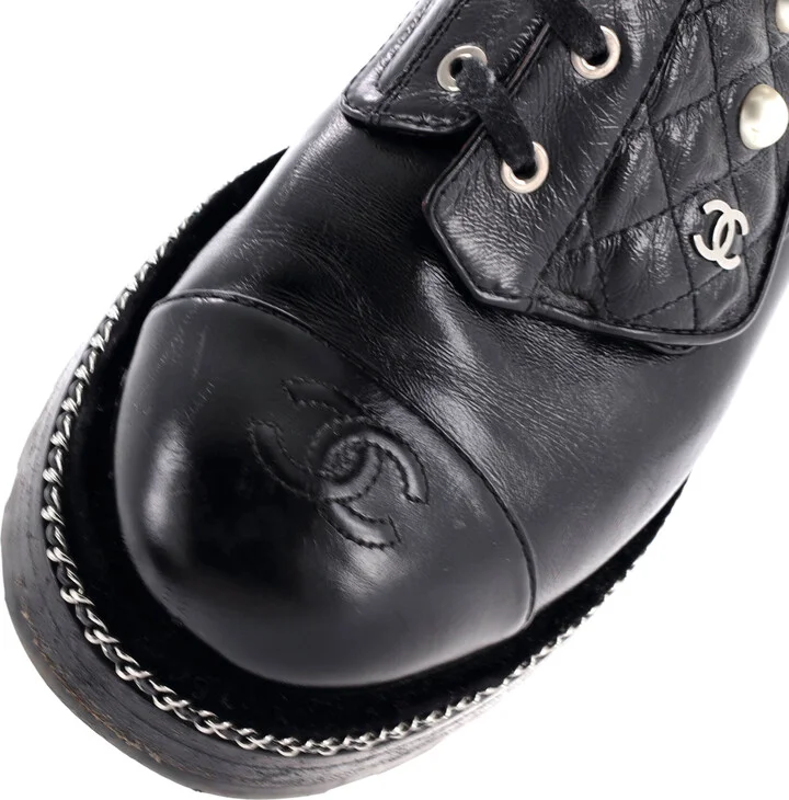 CHANEL Women's Cap Toe CC Chain Around Pearl Combat Boots Leather - Image 5