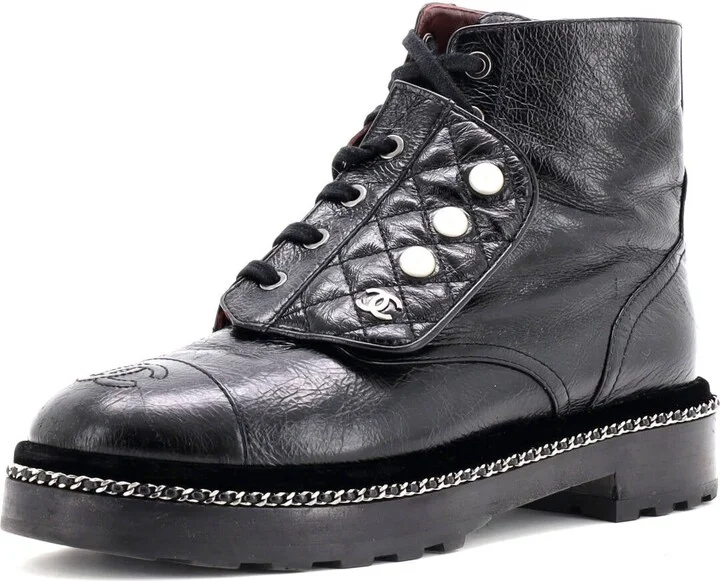 CHANEL Women's Cap Toe CC Chain Around Pearl Combat Boots Leather
