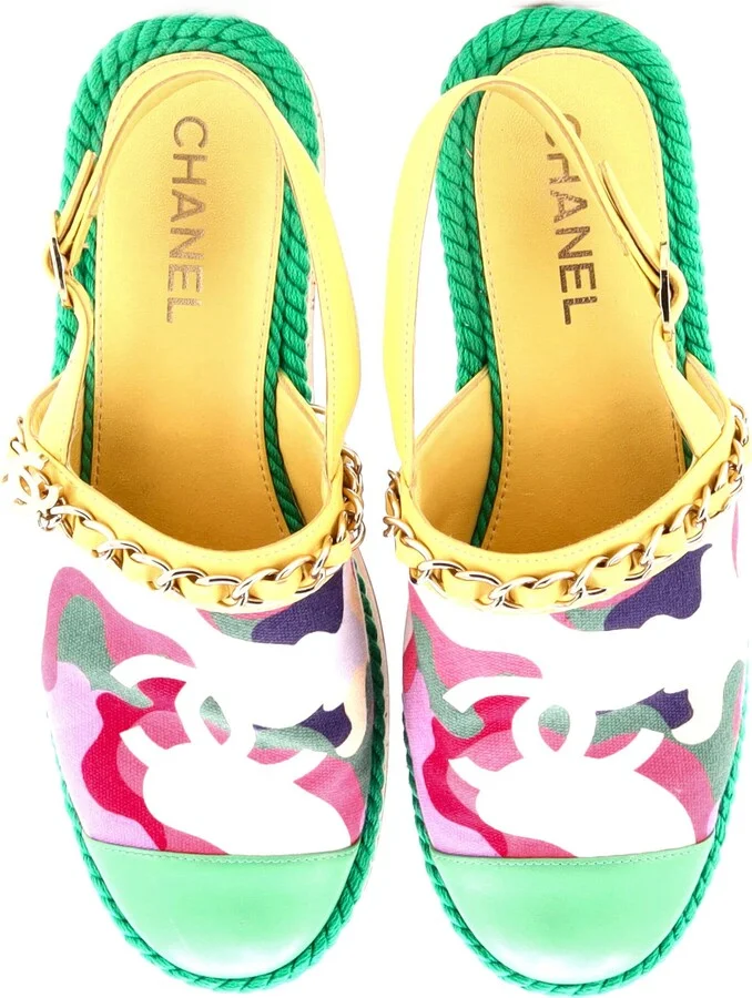 CHANEL Women's Cap Toe CC Chain Slingback Mules Printed Cotton and Leather with Cork - Image 2