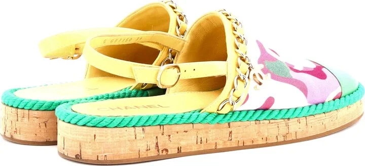 CHANEL Women's Cap Toe CC Chain Slingback Mules Printed Cotton and Leather with Cork - Image 3