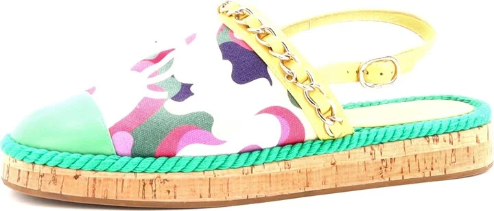 CHANEL Women's Cap Toe CC Chain Slingback Mules Printed Cotton and Leather with Cork