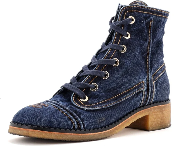 CHANEL Women's Cap Toe CC Lace Up Boots Denim