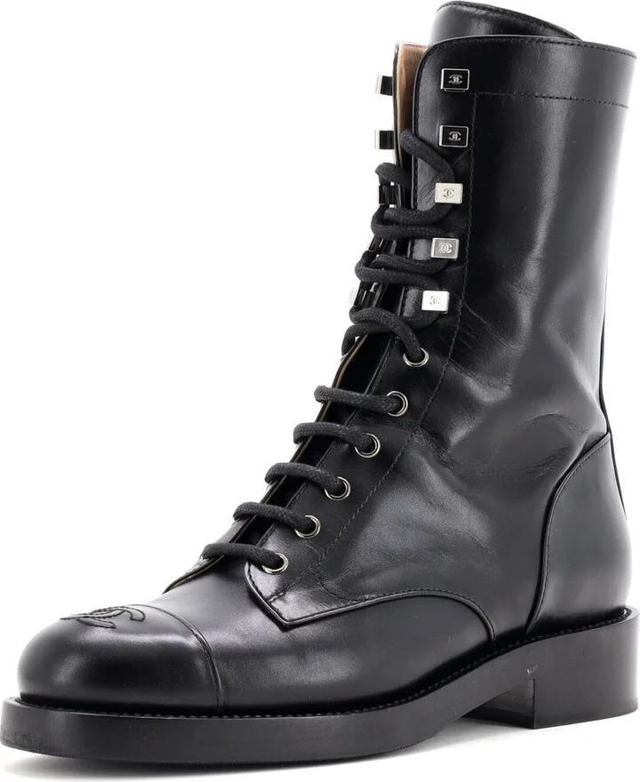 CHANEL Women's Cap Toe CC Mid-Calf Combat Boots Leather