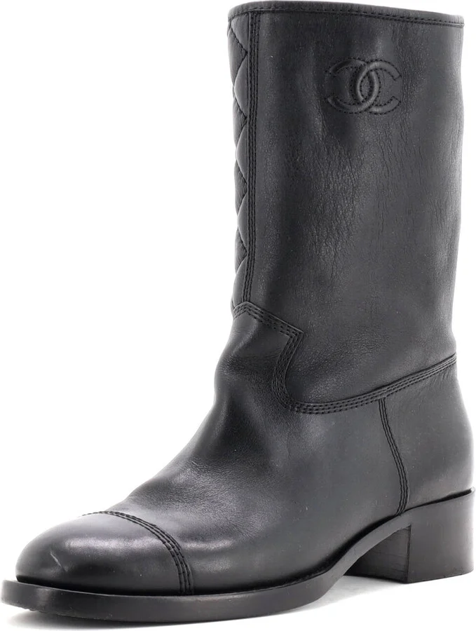 CHANEL Women's Cap Toe CC Mid-Calf Combat Boots Leather