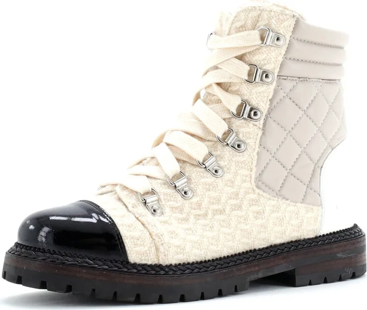 CHANEL Women's Cap Toe Combat Boots Tweed and Quilted Leather
