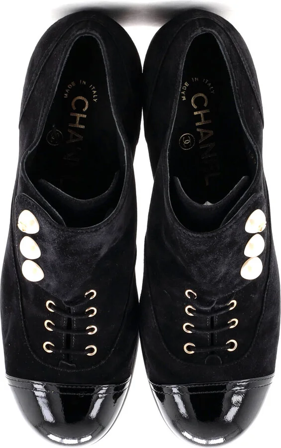 CHANEL Women's Cap Toe Pearl Button Lace Up Booties Suede and Patent - Image 2