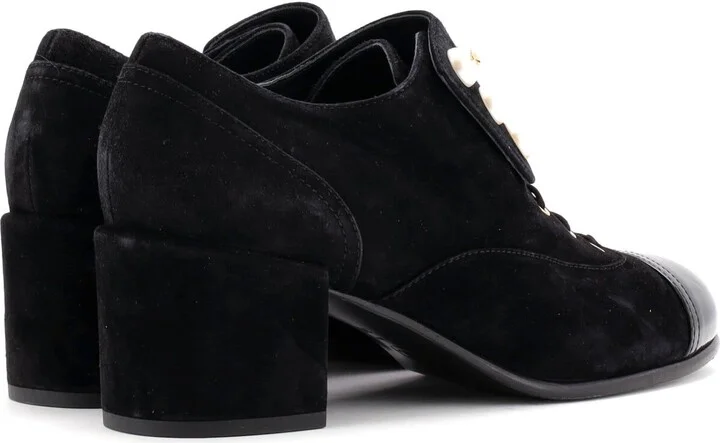 CHANEL Women's Cap Toe Pearl Button Lace Up Booties Suede and Patent - Image 3