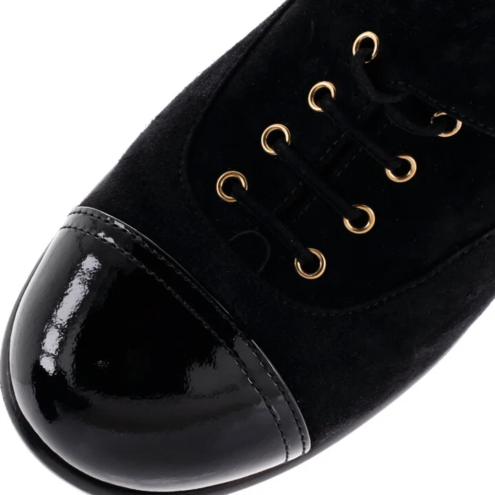 CHANEL Women's Cap Toe Pearl Button Lace Up Booties Suede and Patent - Image 5