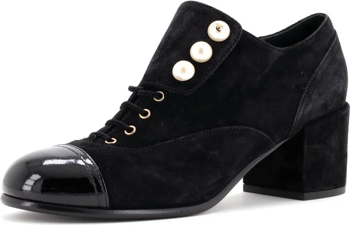 CHANEL Women's Cap Toe Pearl Button Lace Up Booties Suede and Patent